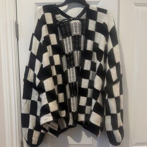 Black and White Checkered Knitted Cardigan